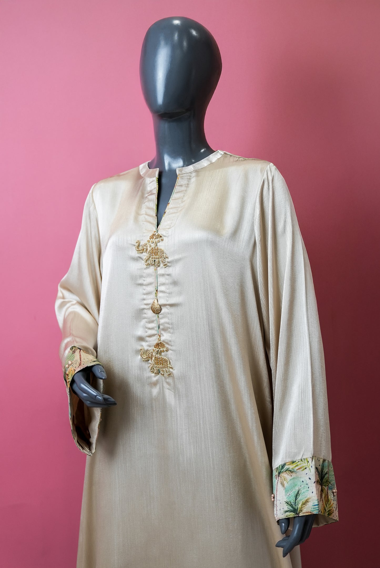 Elegant Cream Kurta with Embroidery and Printed Borders