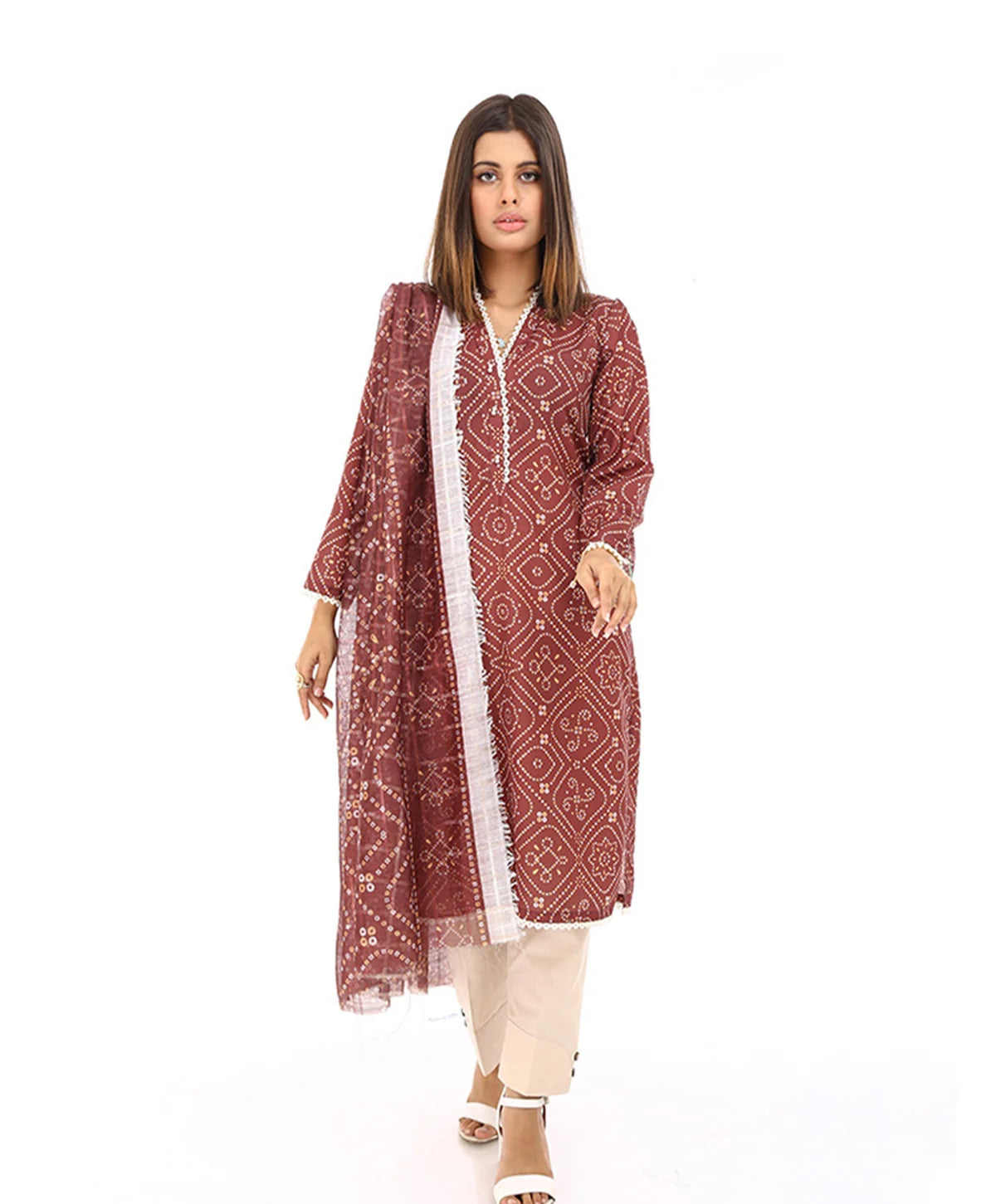 SWISS PRINTED LAWN WITH ZARI DUPATTA MAROON 2 PIECE