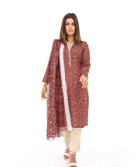 SWISS PRINTED LAWN WITH ZARI DUPATTA MAROON 2 PIECE