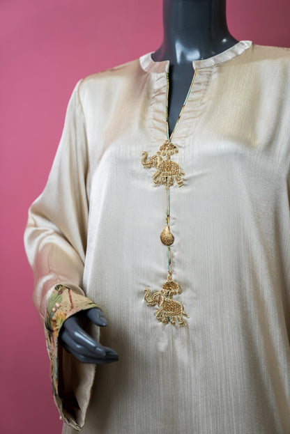 Elegant Cream Kurta with Embroidery and Printed Borders